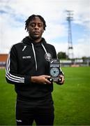 10 August 2023; Jonathan Afolabi of Bohemians with his SSE Airtricity / SWI Player of the Month award for July 2023 at Dalymount Park in Dublin. Photo by Harry Murphy/Sportsfile