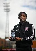 10 August 2023; Jonathan Afolabi of Bohemians with his SSE Airtricity / SWI Player of the Month award for July 2023 at Dalymount Park in Dublin. Photo by Harry Murphy/Sportsfile