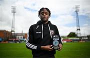 10 August 2023; Jonathan Afolabi of Bohemians with his SSE Airtricity / SWI Player of the Month award for July 2023 at Dalymount Park in Dublin. Photo by Harry Murphy/Sportsfile