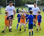 9 August 2023; Leinster players Thomas Clarkson, left, Liam Turner and Oisín Redmond, centre, during the Bank of Ireland Leinster Rugby Summer Camp at MU Barnhall RFC in Leixlip, Kildare. Photo by Piaras Ó Mídheach/Sportsfile