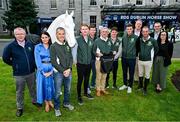 10 August 2023; In attendance at the Dublin Horse Show - Aga Khan squad photocall are, from left, Horse Sport Ireland Chief Executive Denis Duggan, Bucas marketing manager Claire McNulty, Equivet Team Vet Marcus Swail, Daniel Coyle, Shane Sweetnam, Horse Sport Ireland Showjumping High Performance director Michael Blake, Michael Pender, Michael Duffy, The Underwriting Exchange Founder and Manager Stephen O'Connor, Cian O'Connor, Brendan Ryan, The Underwriting Exchange, and Danielle Howard, The Underwriting Exchange, at the RDS in Dublin. Photo by Sam Barnes/Sportsfile