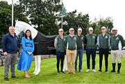 10 August 2023; In attendance at the Dublin Horse Show - Aga Khan squad photocall are, from left, Horse Sport Ireland Chief Executive Denis Duggan, Bucas marketing manager Claire Nulty, Michael Pender, Horse Sport Ireland Showjumping High Performance director Michael Blake, Shane Sweetnam, Michael Duffy, Daniel Coyle, and Cian O'Connor at the RDS in Dublin. Photo by Sam Barnes/Sportsfile