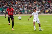 10 August 2023; Ramazan Orazov of Tobol in action against Sadou Diallo of Derry City during the UEFA Europa Conference League Third Qualifying Round First Leg match between Tobol and Derry City at Kostanay Central Stadium in Kostanay, Kazakhstan. Photo by Kaskyrbai Koishymanov/Sportsfile