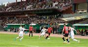 10 August 2023; Will Patching of Derry City, right, in action against Islam Chesnokov of Tobol during the UEFA Europa Conference League Third Qualifying Round First Leg match between Tobol and Derry City at Kostanay Central Stadium in Kostanay, Kazakhstan. Photo by Kaskyrbai Koishymanov/Sportsfile