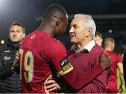 11 August 2023; Galway United manager John Caulfield celebrates with Francely Lomboto after the SSE Airtricity Men's First Division match between Waterford and Galway United at RSC in Waterford. Photo by Michael P Ryan/Sportsfile