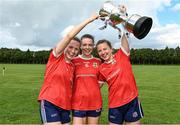 12 August 2023; The Noone sisters, from left, Hannah, Eva and Lynsey celebrate after Kilkerrin Clonberne, Galway, beat Glencar–Manorhamilton, Leitrim, in the senior championship final at the 2023 currentaccount.ie All-Ireland Club 7s tournament at Naomh Mearnóg GAA Club in Malahide, Dublin. Photo by Piaras Ó Mídheach/Sportsfile