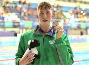 12 August 2023; Daniel Wiffen of Ireland celebrates with his silver medal after finishing second in in the men's 400m freestyle final during day two of the European U23 Swimming Championships at the National Aquatic Centre in Dublin. Photo by Tyler Miller/Sportsfile