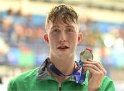 12 August 2023; Daniel Wiffen of Ireland celebrates with his silver medal after finishing second in in the men's 400m freestyle final during day two of the European U23 Swimming Championships at the National Aquatic Centre in Dublin. Photo by Tyler Miller/Sportsfile