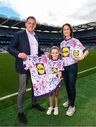 14 August 2023; Lidl Ireland CEO J. P. Scally presented seven-year-old Aoife Callanan with her winning design for the nationwide Ladies Gaelic Football Jersey Design Competition which challenged shoppers to create a bespoke jersey design to celebrate the 50th Anniversary of the Ladies Gaelic Football Association. The presentation took place at Croke Park during the All-Ireland Ladies’ Football Finals on Sunday 13th September.   Aoife is from Ballinadee/Ballinspittle, County Cork and plays Ladies Gaelic Football for Courcey Rovers. Lidl will now produce 10,000 of her jersey design which shoppers will be able to access via the Lidl Plus LGFA Rewards Scheme. Aoife and her family, who were Lidl’s guests at the All-Ireland Finals, also received €1,000 in Lidl vouchers for winning the competition. Photo by Ramsey Cardy/Sportsfile