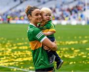 13 August 2023; Kerry player Louise Galvin with her son Florian Walsh, age 16 months after the 2023 TG4 LGFA All-Ireland Senior Championship Final match between Dublin and Kerry at Croke Park in Dublin. Photo by John Sheridan/Sportsfile