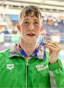 13 August 2023; Daniel Wiffen of Ireland celebrates with his silver medal after finishing second in the men's 800m freestyle final during day three of the European U23 Swimming Championships at the National Aquatic Centre in Dublin. Photo by Tyler Miller/Sportsfile