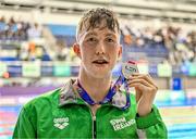 13 August 2023; Daniel Wiffen of Ireland celebrates with his silver medal after finishing second in the men's 800m freestyle final during day three of the European U23 Swimming Championships at the National Aquatic Centre in Dublin. Photo by Tyler Miller/Sportsfile