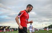 13 August 2023; Michael Duffy of Derry City celebrates after scoring his side's third goal during the SSE Airtricity Men's Premier Division match between Derry City and Drogheda United at The Ryan McBride Brandywell Stadium in Derry. Photo by Stephen McCarthy/Sportsfile