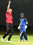 17 August 2023; Cormac McLoughlin-Gavin of Leinster Lightning reacts after being bowled out by Josh Manley of Munster Reds during the Rario Inter-Provincial Cup match between Munster Reds and Leinster Lightning at The Mardyke in Cork. Photo by Eóin Noonan/Sportsfile