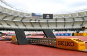 17 August 2023; A general view of starting blocks ahead of the World Athletics Championships at the National Athletics Centre in Budapest, Hungary. Photo by Sam Barnes/Sportsfile