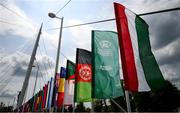 17 August 2023; Flags, including the flags of Hungary, right, and World Athletics, second from right, are seen outside the stadium ahead of the World Athletics Championships at the National Athletics Centre in Budapest, Hungary. Photo by Sam Barnes/Sportsfile