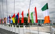 17 August 2023; The Irish tricolour pictured outside the stadium ahead of the World Athletics Championships at the National Athletics Centre in Budapest, Hungary. Photo by Sam Barnes/Sportsfile