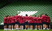 18 August 2023; England players huddle during the England rugby captain's run at the Aviva Stadium in Dublin. Photo by Harry Murphy/Sportsfile