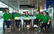 18 August 2023; Attendees, from left, head coach Roy Guerin, from Tralee in Kerry, Ruairí Devlin, from Kinsale in Cork, Angela Long, from Togher in Cork, Niamh Buckley, from Ballydesmond in Cork, and coach Tadhg Buckley, from Ballydesmond in Cork, pictured at Dublin Airport as Irish Wheelchair Association Sport sends largest Irish Para Powerlifting Team to the 2023 World Championships in Dubai. Photo by Piaras Ó Mídheach/Sportsfile