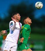 18 August 2023; Leo Gaxha of Kerry FC in action against Luke Heeney of Drogheda United during the Sports Direct Men’s FAI Cup Second Round match between Kerry FC and Drogheda United at Mounthawk Park in Tralee, Kerry. Photo by Michael P Ryan/Sportsfile