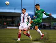 18 August 2023; Leo Gaxha of Kerry FC in action against Luke Heeney of Drogheda United during the Sports Direct Men’s FAI Cup Second Round match between Kerry FC and Drogheda United at Mounthawk Park in Tralee, Kerry. Photo by Michael P Ryan/Sportsfile