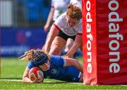 19 August 2023; Molly Byrne of Leinster scores her side's fourth try during the Vodafone Women’s Interprovincial Championship match between Leinster and Ulster at Energia Park in Dublin. Photo by Ben McShane/Sportsfile