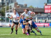 19 August 2023; Kelly McCormill of Ulster is tackled by Leinster players, Hannah O'Connor, left, and Lisa Callan during the Vodafone Women’s Interprovincial Championship match between Leinster and Ulster at Energia Park in Dublin. Photo by John Sheridan/Sportsfile
