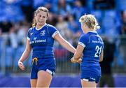 19 August 2023; Leah Tarpey of Leinster with teammate Ailsa Hughes, right, after scoring their side's sixth try during the Vodafone Women’s Interprovincial Championship match between Leinster and Ulster at Energia Park in Dublin. Photo by Ben McShane/Sportsfile