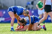 19 August 2023; Leah Tarpey of Leinster celebrates with Emma Tilly, left, after scoring their side's sixth try during the Vodafone Women’s Interprovincial Championship match between Leinster and Ulster at Energia Park in Dublin. Photo by Ben McShane/Sportsfile