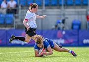 19 August 2023; Leah Tarpey of Leinster scores her side's sixth try during the Vodafone Women’s Interprovincial Championship match between Leinster and Ulster at Energia Park in Dublin. Photo by Ben McShane/Sportsfile