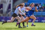 19 August 2023; Leah Tarpey of Leinster makes a break on her way to scoring her side's sixth try during the Vodafone Women’s Interprovincial Championship match between Leinster and Ulster at Energia Park in Dublin. Photo by Ben McShane/Sportsfile
