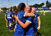 19 August 2023; Leah Tarpey, left, and Elise O'Byrne-White of Leinster celebrate after during the Vodafone Women’s Interprovincial Championship match between Leinster and Ulster at Energia Park in Dublin. Photo by Ben McShane/Sportsfile