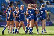 19 August 2023; Kate Noons of Leinster, 1, celebrates with teammates after scoring their side's third try during the Girl’s Interprovincial Championship match between Leinster and Ulster at Energia Park in Dublin. Photo by Ben McShane/Sportsfile