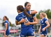 19 August 2023; Emma Brogan of Leinster celebrates with teammate Sophie Culen, right, after scoring their side's fifth try during the Girl’s Interprovincial Championship match between Leinster and Ulster at Energia Park in Dublin. Photo by Ben McShane/Sportsfile