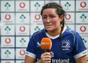 19 August 2023; Hannah O'Connor of Leinster is interviewed after her side's victory in the Vodafone Women’s Interprovincial Championship match between Leinster and Ulster at Energia Park in Dublin. Photo by John Sheridan/Sportsfile