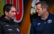 20 August 2023; Derry City manager Ruaidhrí Higgins, left, and St Patrick's Athletic manager Jon Daly before the Sports Direct Men’s FAI Cup Second Round match between Derry City and St Patrick’s Athletic at The Ryan McBride Brandywell Stadium in Derry. Photo by Ben McShane/Sportsfile