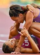 20 August 2023; Gold medalist Katarina Johnson-Thompson of Great Britain reacts with silver medalist Anna Hall of USA after the women's Heptathlon during day two of the World Athletics Championships at National Athletics Centre in Budapest, Hungary. Photo by Sam Barnes/Sportsfile