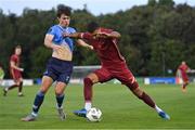 21 August 2023; Wassim Aouachria of Galway United in action against Danú Bishop Kinsella of UCD during the Sports Direct Men’s FAI Cup Second Round match between UCD and Galway United at the UCD Bowl in Dublin. Photo by Ben McShane/Sportsfile