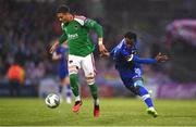 21 August 2023; Jaze Kabia of Cork City in action against Roland Idowu of Waterford during the Sports Direct Men’s FAI Cup Second Round match between Cork City and Waterford at Turner’s Cross in Cork. Photo by Eóin Noonan/Sportsfile