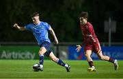 21 August 2023; Michael Gallagher of UCD in action against Ronan Manning of Galway United during the Sports Direct Men’s FAI Cup Second Round match between UCD and Galway United at the UCD Bowl in Dublin. Photo by Ben McShane/Sportsfile