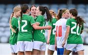 22 August 2023; Republic of Ireland players celebrate their third goal, a penalty scored by Leah McGrath, centre, during a women's U16 international friendly match between Republic of Ireland and Faroe Islands at Head in the Game Park in Drogheda, Louth. Photo by Ben McShane/Sportsfile