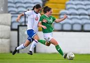 22 August 2023; Leah McGrath of Republic of Ireland in action against Eyona Gaard of Faroe Islands during a women's U16 international friendly match between Republic of Ireland and Faroe Islands at Head in the Game Park in Drogheda, Louth. Photo by Ben McShane/Sportsfile