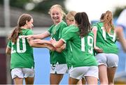 22 August 2023; Aisling Meehan of Republic of Ireland, centre, celebrates with teammates after scoring their side's fourth goal during a women's U16 international friendly match between Republic of Ireland and Faroe Islands at Head in the Game Park in Drogheda, Louth. Photo by Ben McShane/Sportsfile