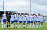 22 August 2023; Faroe Islands players stand for their national anthem before a women's U16 international friendly match between Republic of Ireland and Faroe Islands at Head in the Game Park in Drogheda, Louth. Photo by Ben McShane/Sportsfile