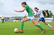 22 August 2023; Mary Hartofilis of Republic of Ireland and Ronja Ragnarsdóttir Trier of Faroe Islands during a women's U16 international friendly match between Republic of Ireland and Faroe Islands at Head in the Game Park in Drogheda, Louth. Photo by Ben McShane/Sportsfile