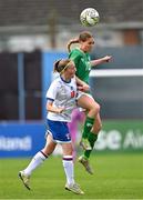 22 August 2023; Beatrice Silickaite of Republic of Ireland and Sára Kristiansen of Faroe Islands during a women's U16 international friendly match between Republic of Ireland and Faroe Islands at Head in the Game Park in Drogheda, Louth. Photo by Ben McShane/Sportsfile