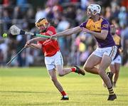 21 August 2023; Mark Enright of Davy Russell's Best in action against Kyle Hayes of Jim Bolger's Stars during the Hurling for Cancer Research 2023 charity match at Netwatch Cullen Park in Carlow. Photo by Piaras Ó Mídheach/Sportsfile