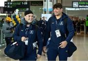 24 August 2023; Navy Midshipmen linebacker Will Harbour, left, and defensive end Jacob Busic arrive at Dublin Airport ahead of the Aer Lingus College Football Classic match between Notre Dame and Navy Midshipmen on Saturday next at the Aviva Stadium in Dublin. Photo by Seb Daly/Sportsfile