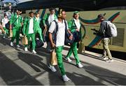 24 August 2023; Notre Dame players arrive at Dublin Airport ahead of the Aer Lingus College Football Classic match between Notre Dame and Navy Midshipmen on Saturday next at the Aviva Stadium in Dublin. Photo by Seb Daly/Sportsfile