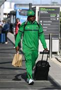 24 August 2023; Notre Dame defensive lineman Nana Osafo-Mensah arrives at Dublin Airport ahead of the Aer Lingus College Football Classic match between Notre Dame and Navy Midshipmen on Saturday next at the Aviva Stadium in Dublin. Photo by Seb Daly/Sportsfile